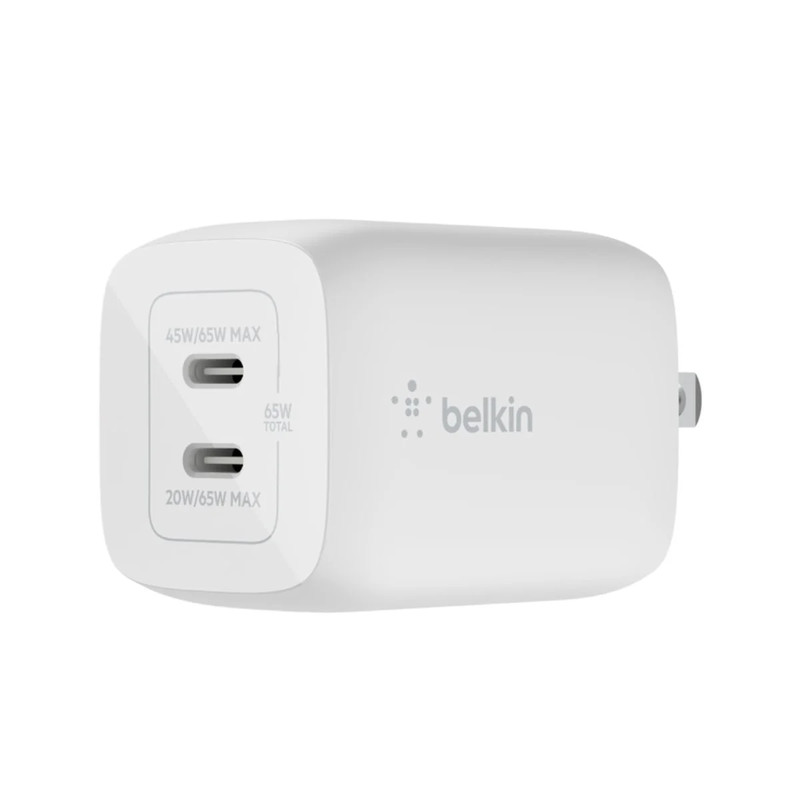 Belkin 65w Dual USB-C Gan Wall Charger W/ PPS - White - شاحن